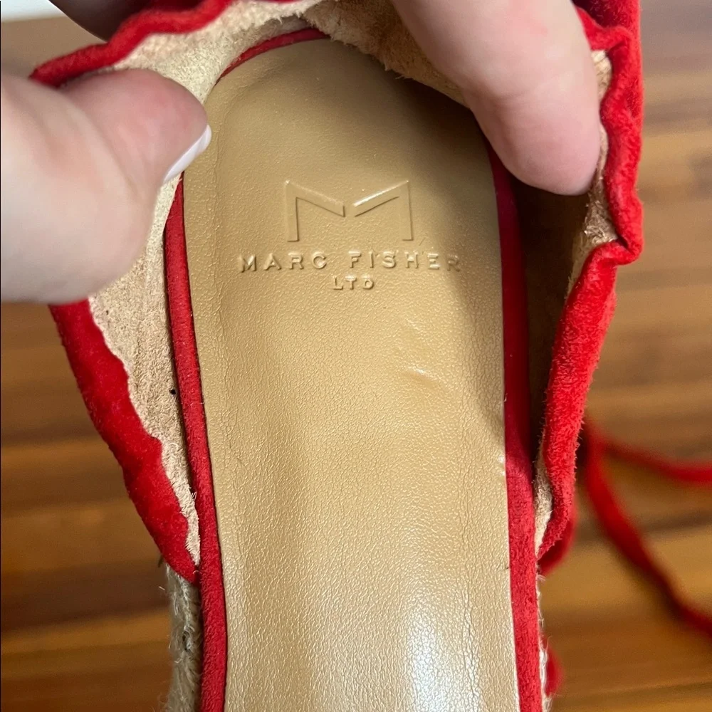 Marc Fisher Baylee Red Suede Ankle Tie Espadrille Wedges Size 7
